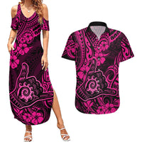 Hawaii Shaka Sign Couples Matching Summer Maxi Dress and Hawaiian Shirt With Polynesian Hibiscus Pink Unique LT01 Pink - Polynesian Pride