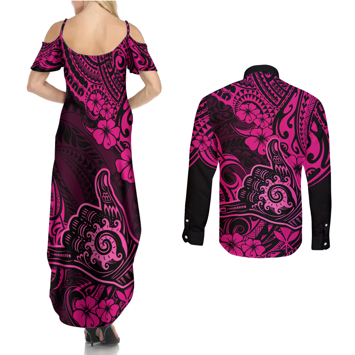 Hawaii Shaka Sign Couples Matching Summer Maxi Dress and Long Sleeve Button Shirts With Polynesian Hibiscus Pink Unique LT01 - Polynesian Pride