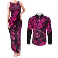 Hawaii Shaka Sign Couples Matching Tank Maxi Dress and Long Sleeve Button Shirts With Polynesian Hibiscus Pink Unique LT01 Pink - Polynesian Pride