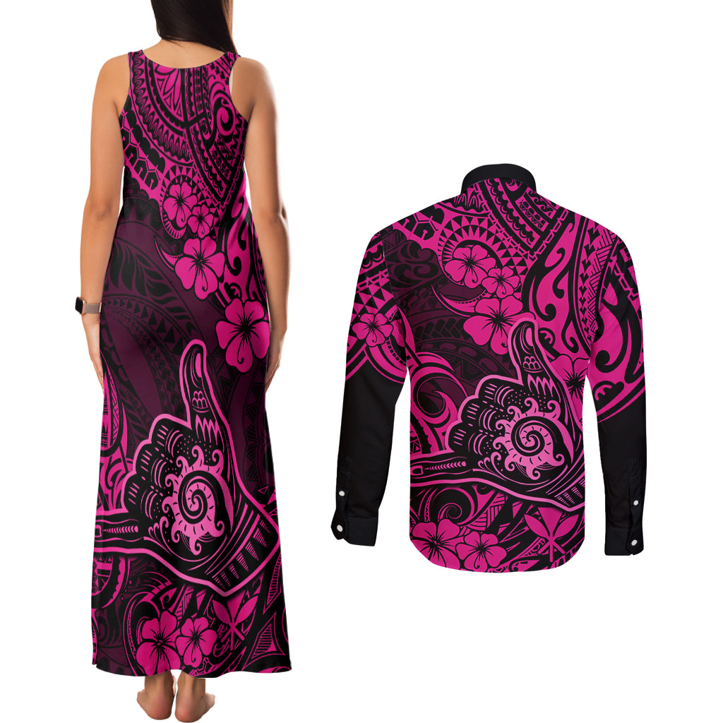 Hawaii Shaka Sign Couples Matching Tank Maxi Dress and Long Sleeve Button Shirts With Polynesian Hibiscus Pink Unique LT01 - Polynesian Pride