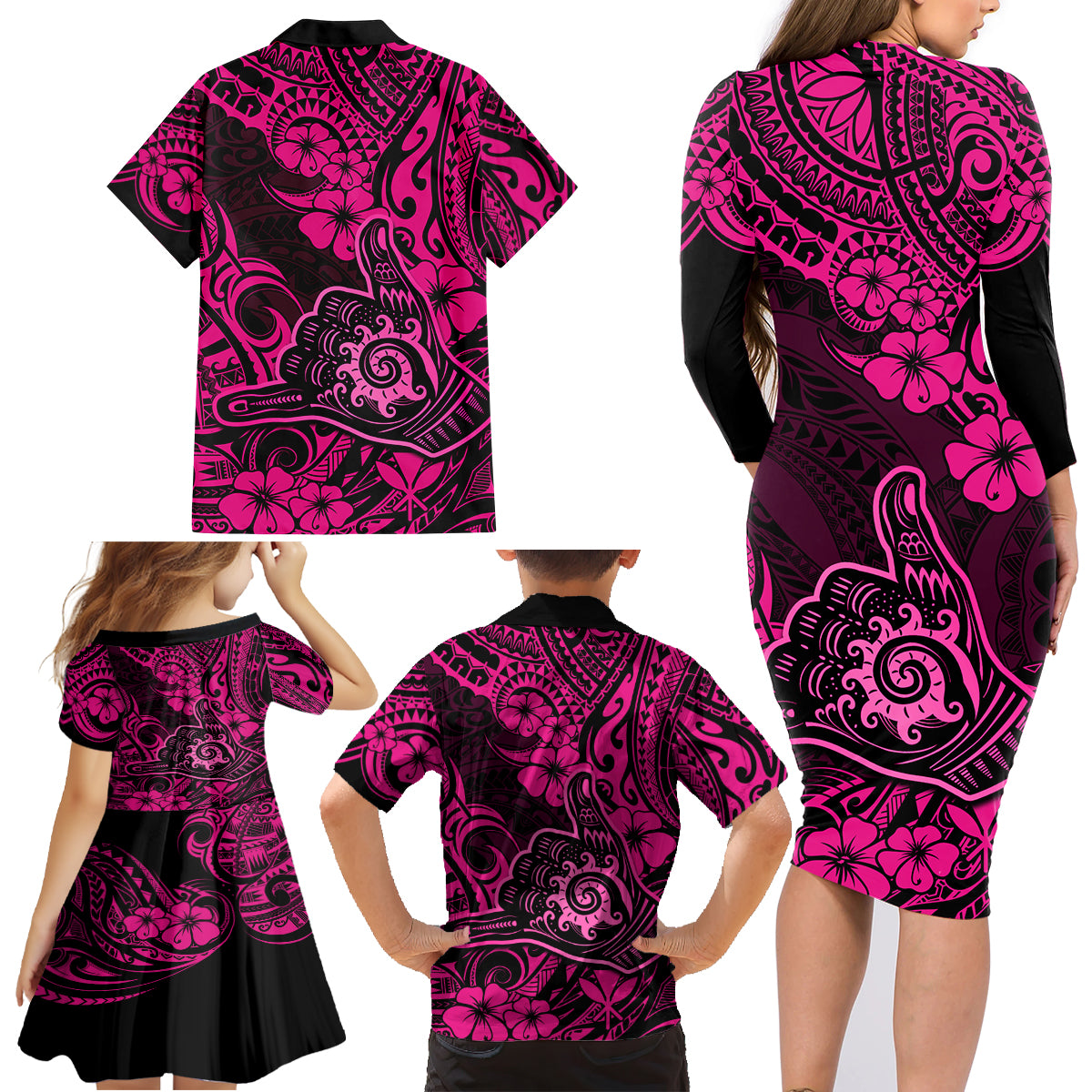 Hawaii Shaka Sign Family Matching Long Sleeve Bodycon Dress and Hawaiian Shirt With Polynesian Hibiscus Pink Unique LT01 - Polynesian Pride