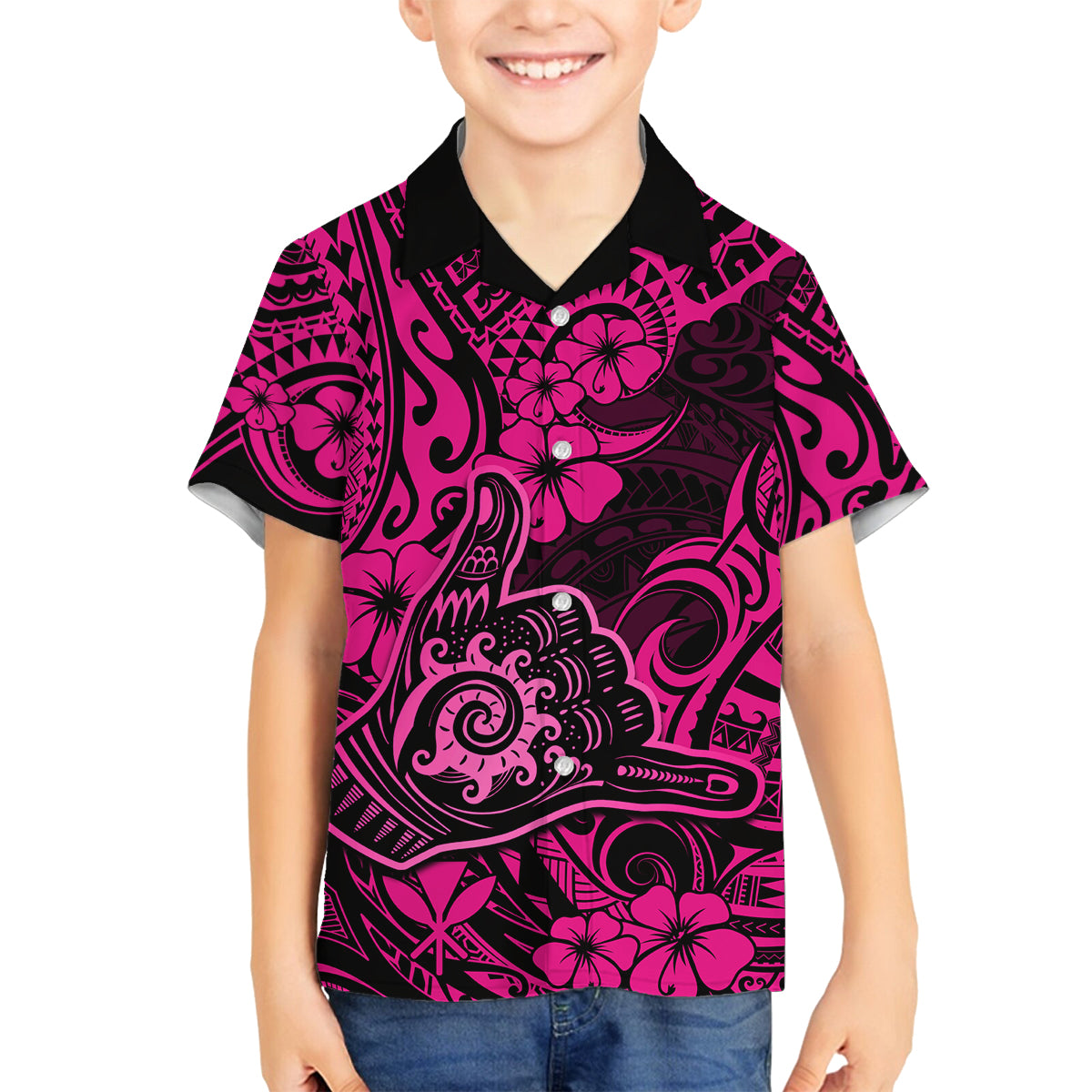 Hawaii Shaka Sign Family Matching Long Sleeve Bodycon Dress and Hawaiian Shirt With Polynesian Hibiscus Pink Unique LT01 Son's Shirt Pink - Polynesian Pride