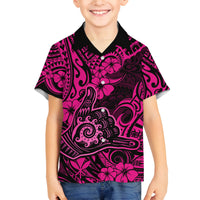 Hawaii Shaka Sign Family Matching Long Sleeve Bodycon Dress and Hawaiian Shirt With Polynesian Hibiscus Pink Unique LT01 Son's Shirt Pink - Polynesian Pride