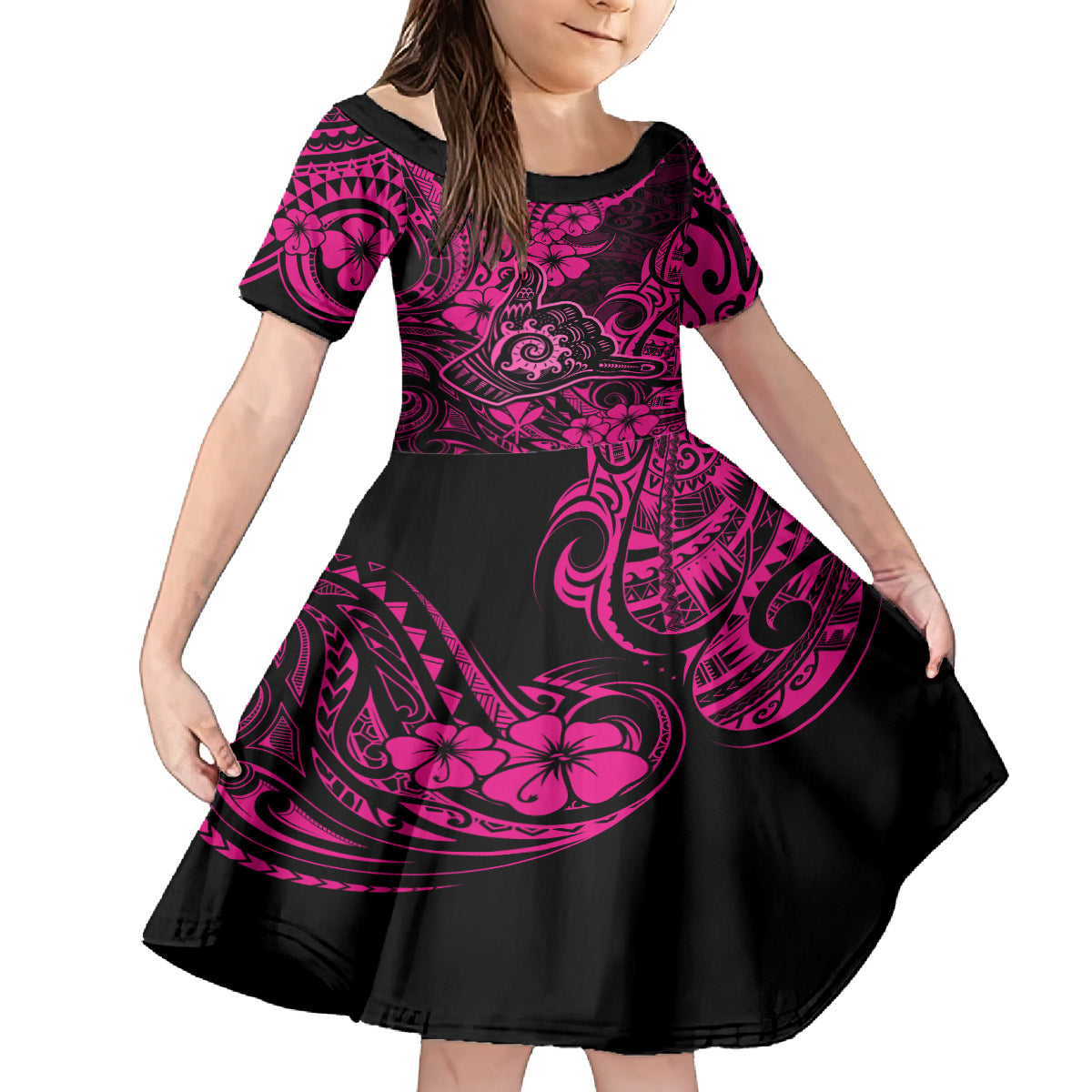 Hawaii Shaka Sign Kid Short Sleeve Dress With Polynesian Hibiscus Pink Unique LT01 KID Pink - Polynesian Pride