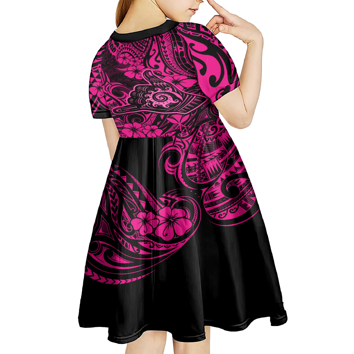 Hawaii Shaka Sign Kid Short Sleeve Dress With Polynesian Hibiscus Pink Unique LT01 - Polynesian Pride