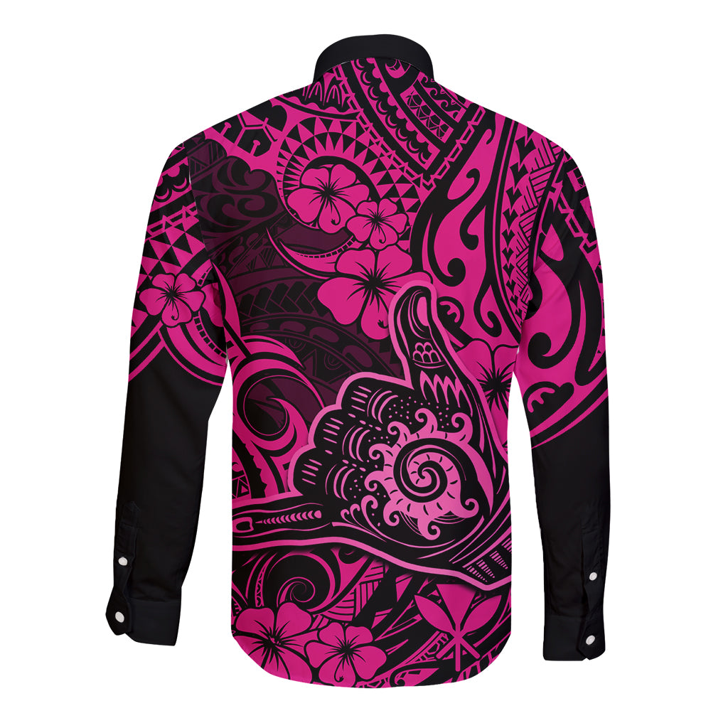 Hawaii Shaka Sign Long Sleeve Button Shirt With Polynesian Hibiscus Pink Unique LT01 - Polynesian Pride
