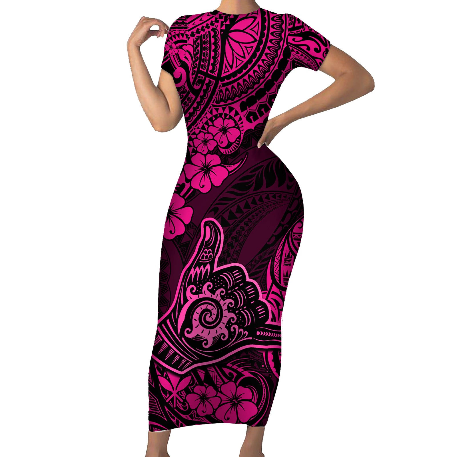 Hawaii Shaka Sign Short Sleeve Bodycon Dress With Polynesian Hibiscus Pink Unique LT01 Long Dress Pink - Polynesian Pride