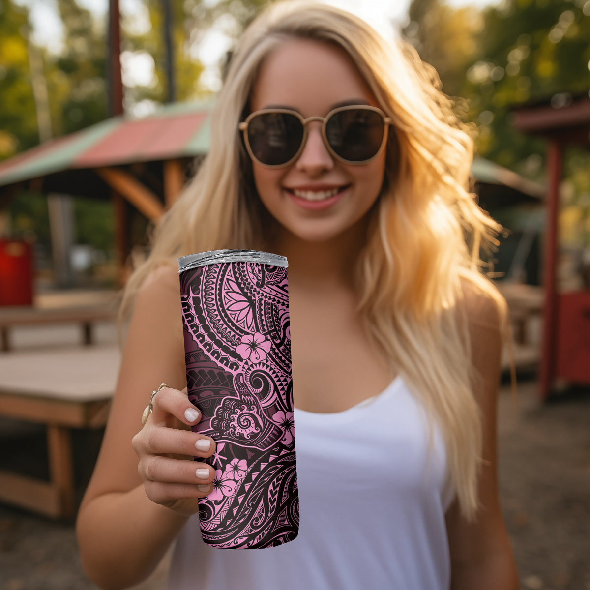 Hawaii Shaka Sign Skinny Tumbler With Polynesian Hibiscus Pink Unique