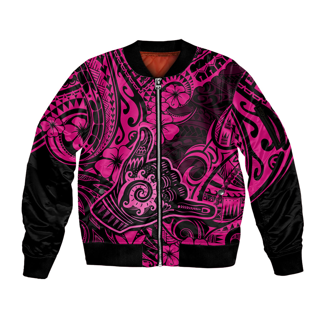 Hawaii Shaka Sign Sleeve Zip Bomber Jacket With Polynesian Hibiscus Pink Unique LT01 Unisex Pink - Polynesian Pride