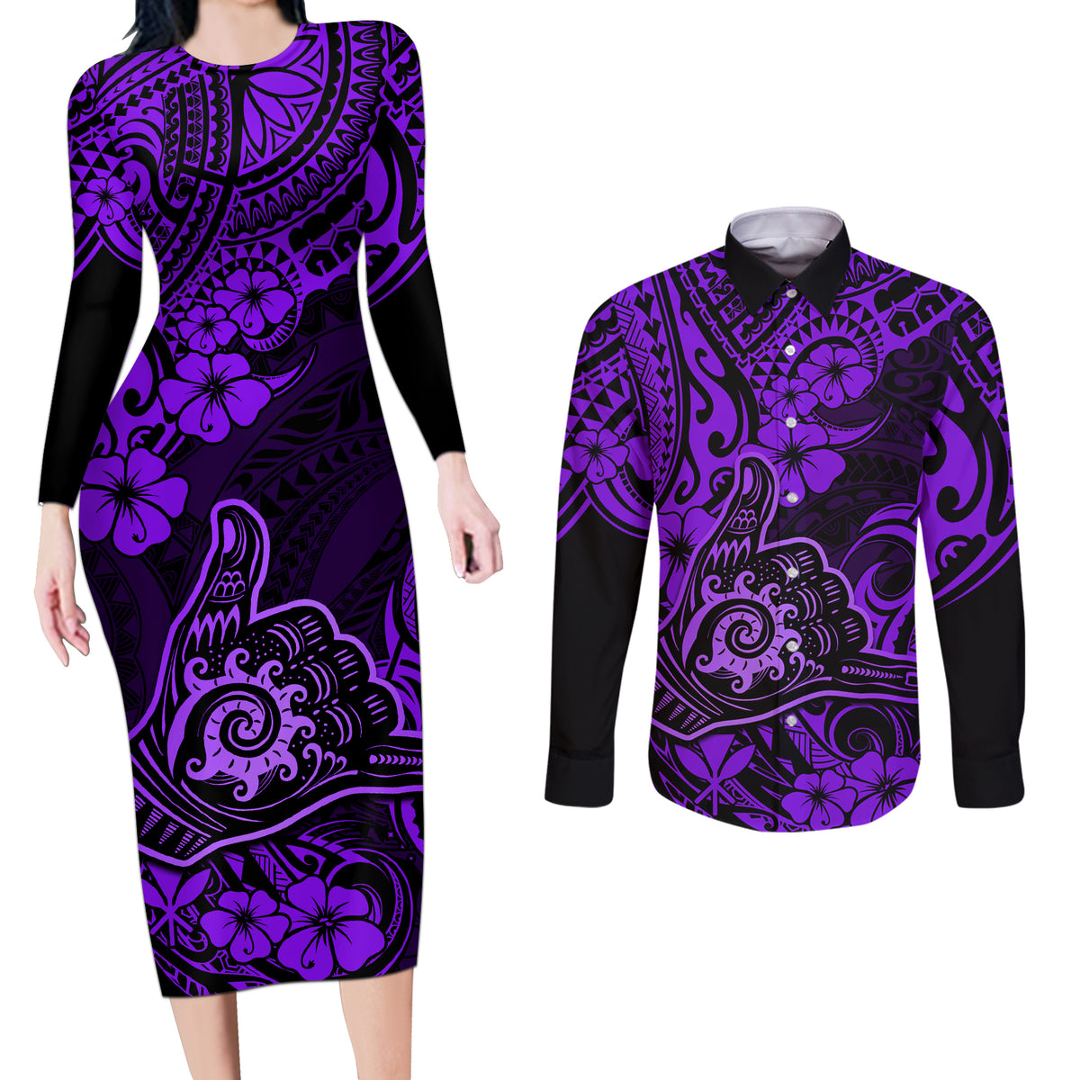 Hawaii Shaka Sign Couples Matching Long Sleeve Bodycon Dress and Long Sleeve Button Shirts Polynesian Pattern Purple Version LT01 Purple - Polynesian Pride