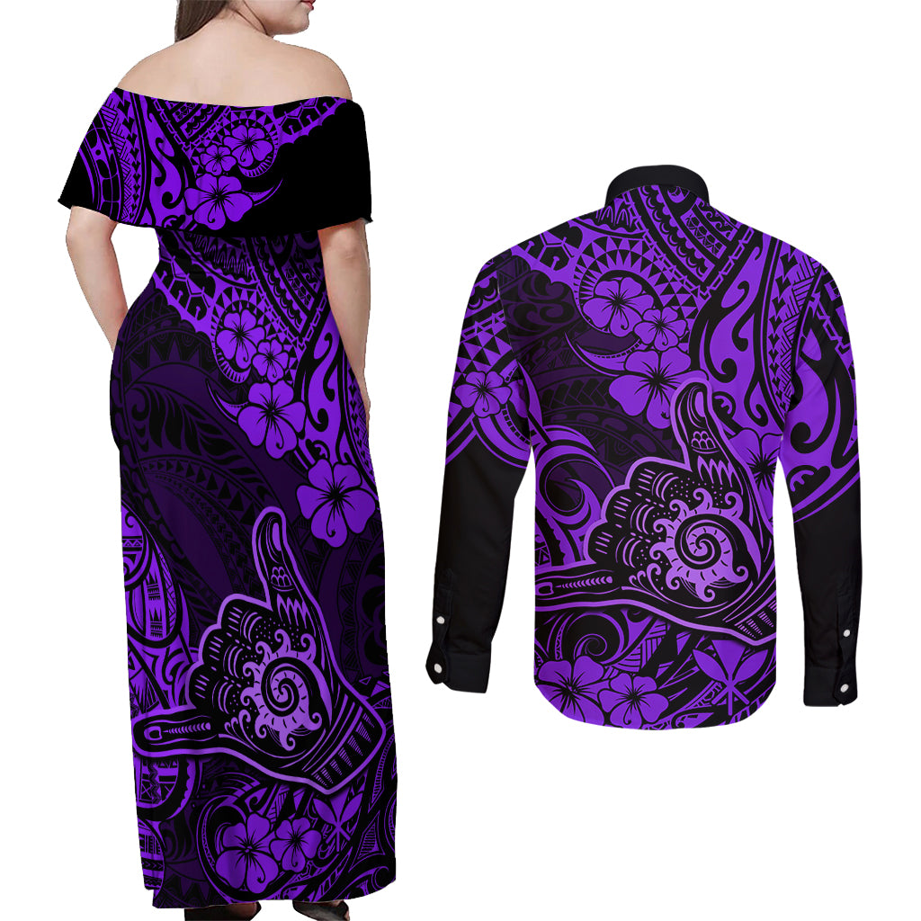 Hawaii Shaka Sign Couples Matching Off Shoulder Maxi Dress and Long Sleeve Button Shirts Polynesian Pattern Purple Version LT01 - Polynesian Pride