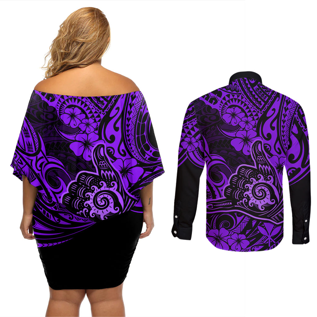 Hawaii Shaka Sign Couples Matching Off Shoulder Short Dress and Long Sleeve Button Shirts Polynesian Pattern Purple Version LT01 - Polynesian Pride