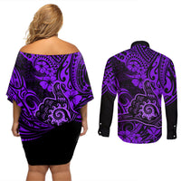 Hawaii Shaka Sign Couples Matching Off Shoulder Short Dress and Long Sleeve Button Shirts Polynesian Pattern Purple Version LT01 - Polynesian Pride
