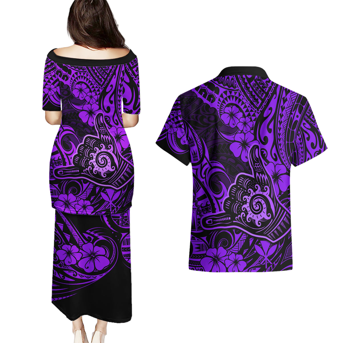 Hawaii Shaka Sign Couples Matching Puletasi Dress and Hawaiian Shirt Polynesian Pattern Purple Version LT01 - Polynesian Pride