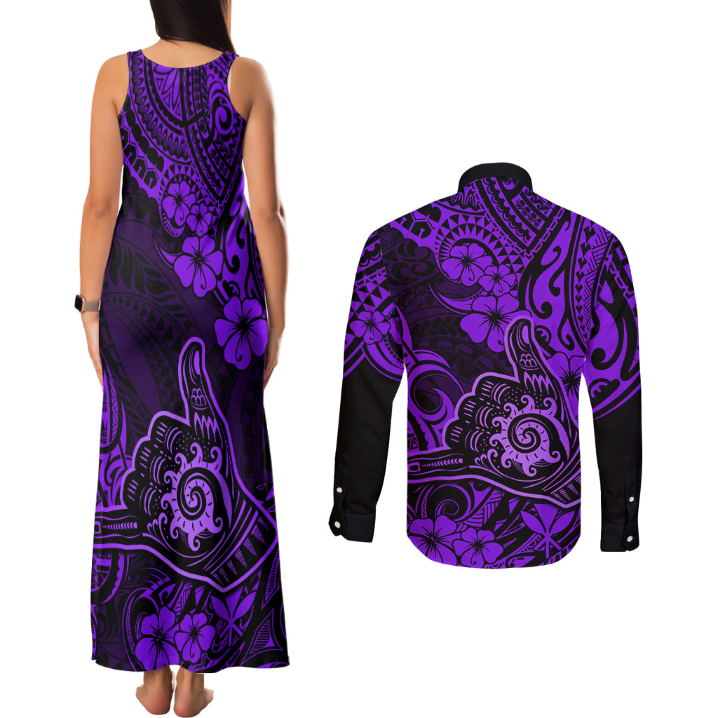 Hawaii Shaka Sign Couples Matching Tank Maxi Dress and Long Sleeve Button Shirts Polynesian Pattern Purple Version LT01 - Polynesian Pride