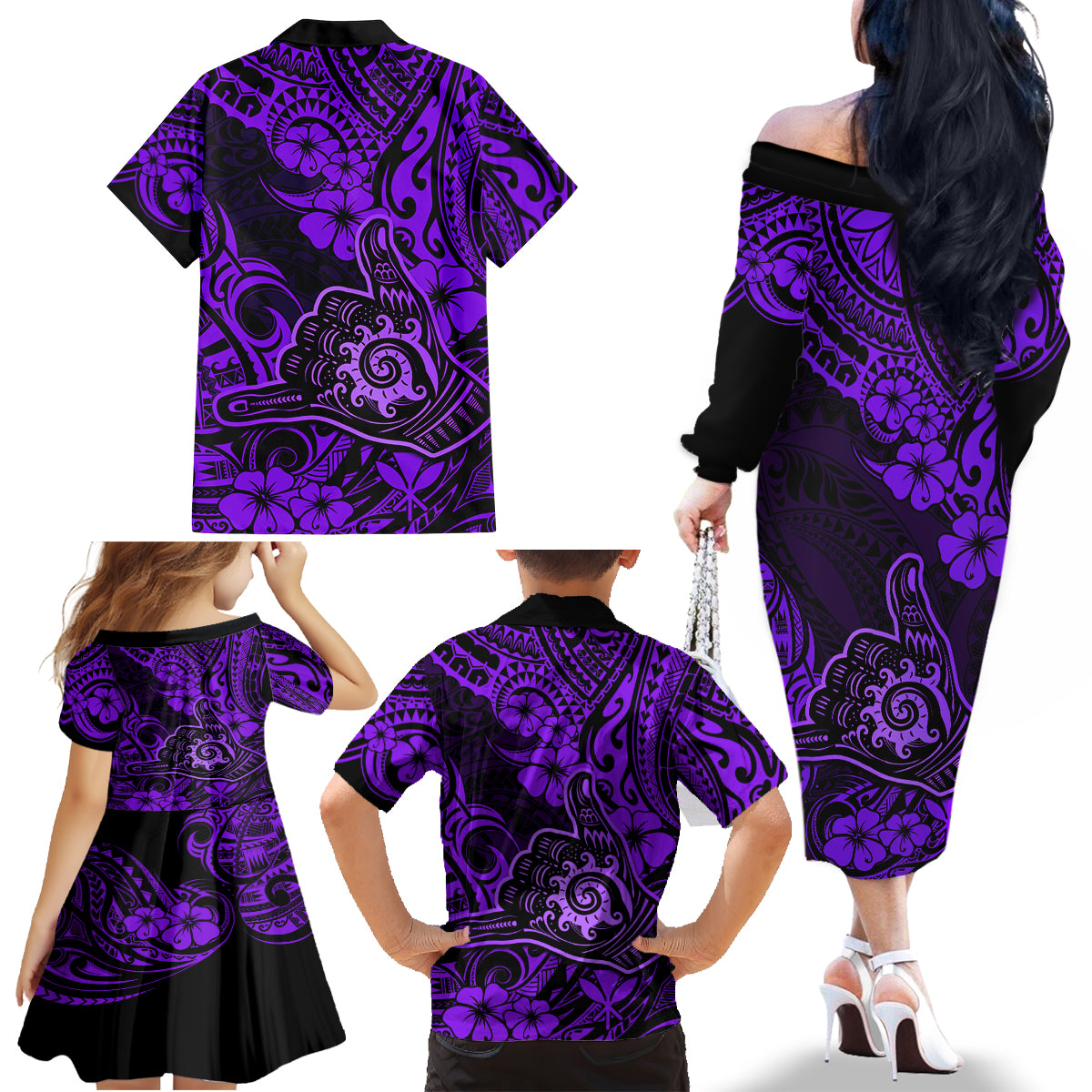 Hawaii Shaka Sign Family Matching Off Shoulder Long Sleeve Dress and Hawaiian Shirt Polynesian Pattern Purple Version LT01 - Polynesian Pride