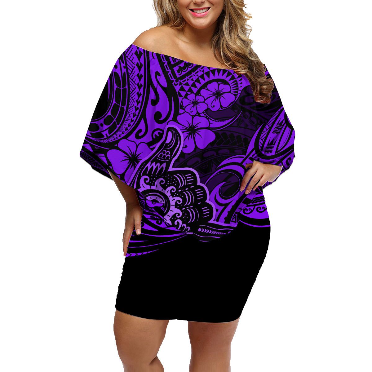 Hawaii Shaka Sign Family Matching Off Shoulder Short Dress and Hawaiian Shirt Polynesian Pattern Purple Version LT01 Mom's Dress Purple - Polynesian Pride