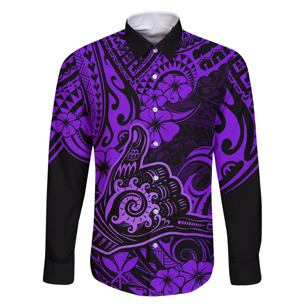 Hawaii Shaka Sign Family Matching Puletasi Dress and Hawaiian Shirt Polynesian Pattern Purple Version LT01 Dad's Shirt - Long Sleeve Purple - Polynesian Pride
