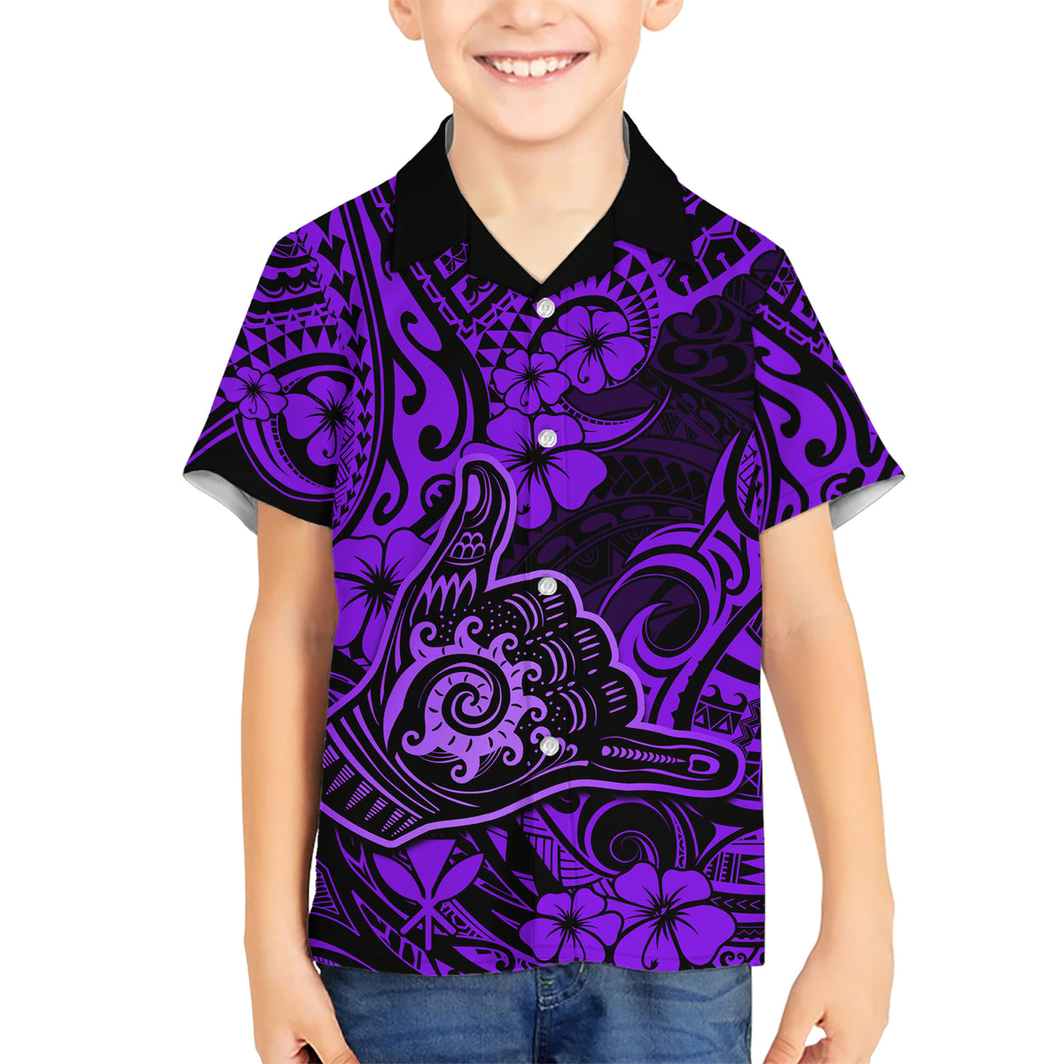 Hawaii Shaka Sign Kid Hawaiian Shirt Polynesian Pattern Purple Version LT01 Kid Purple - Polynesian Pride