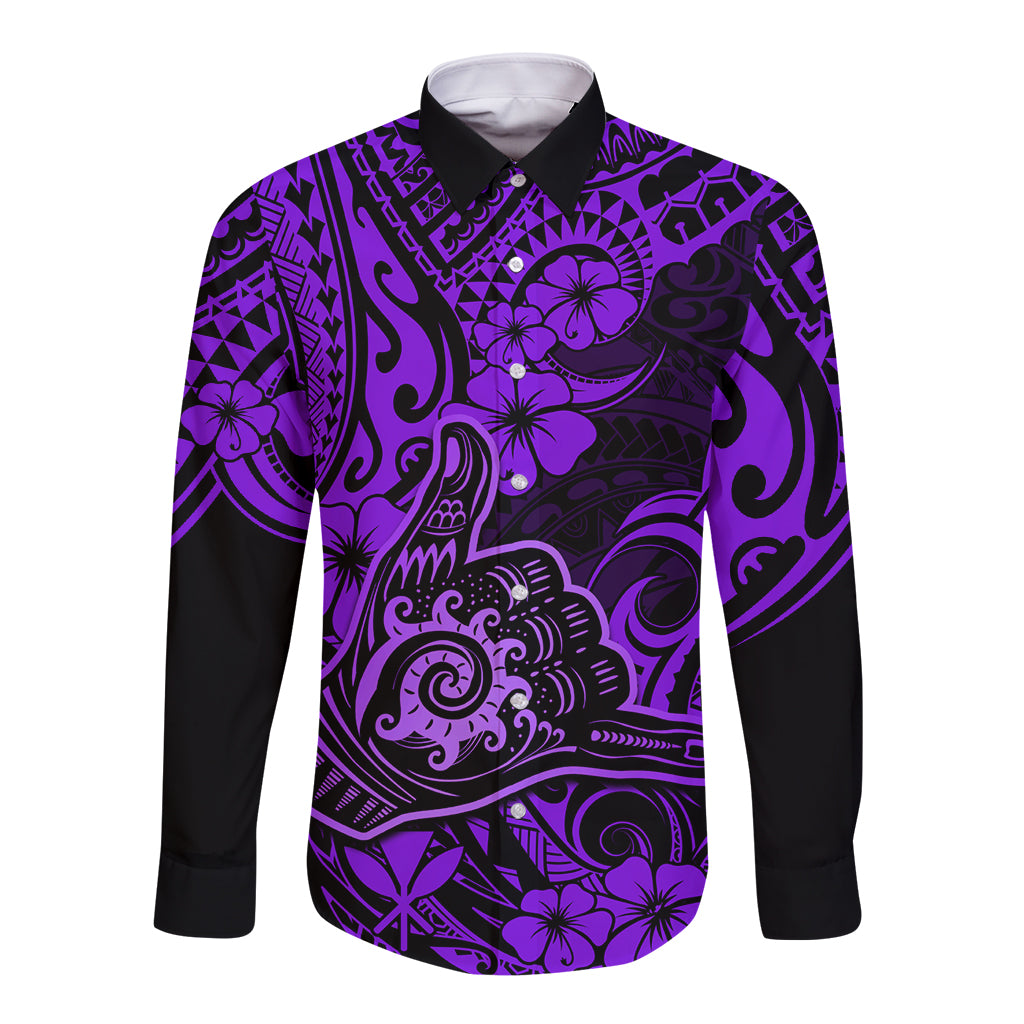 Hawaii Shaka Sign Long Sleeve Button Shirt Polynesian Pattern Purple Version LT01 Unisex Purple - Polynesian Pride