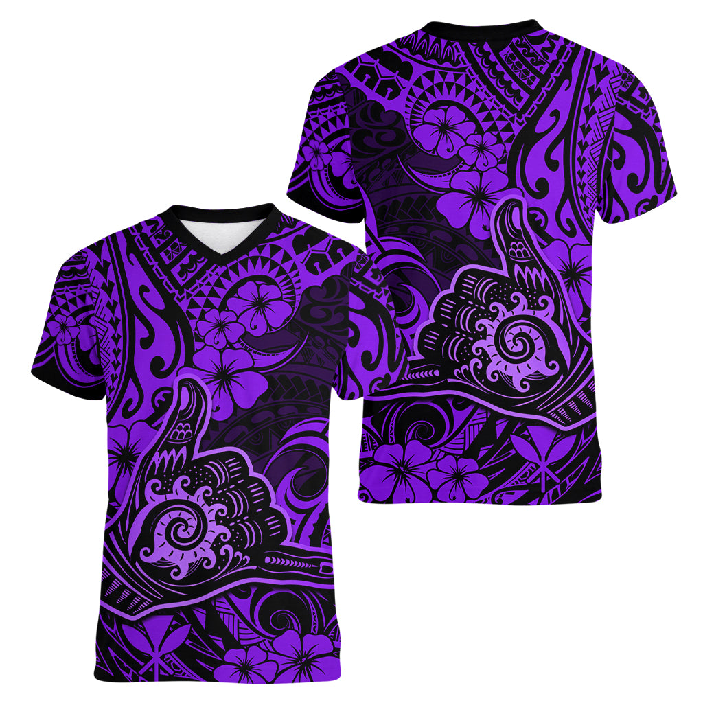 Hawaii Shaka Sign Women V Neck T Shirt Polynesian Pattern Purple Version LT01 - Polynesian Pride