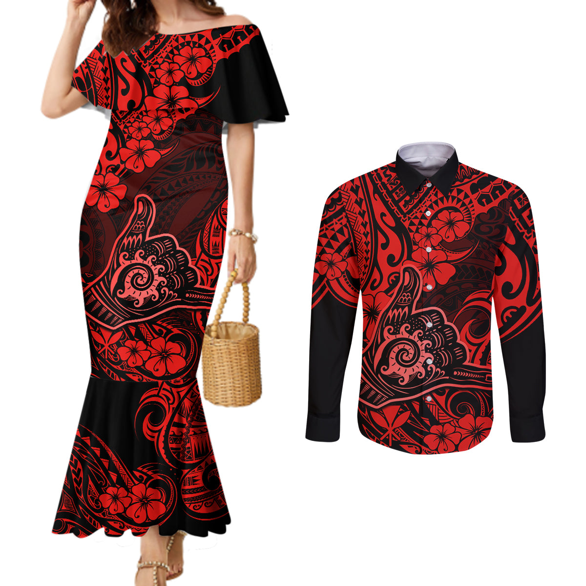 Hawaii Shaka Sign Couples Matching Mermaid Dress and Long Sleeve Button Shirts Polynesian Pattern Red Version LT01 Red - Polynesian Pride