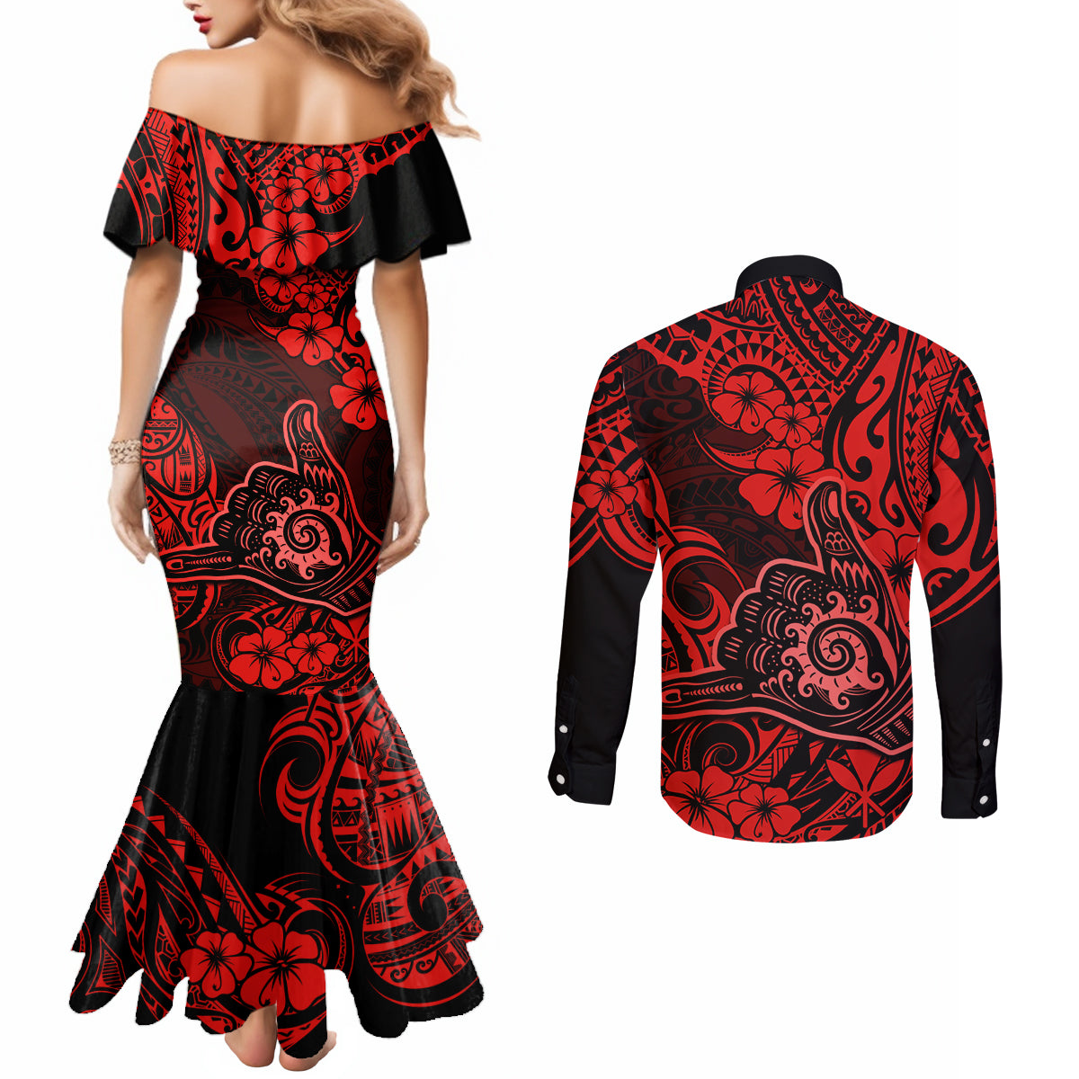 Hawaii Shaka Sign Couples Matching Mermaid Dress and Long Sleeve Button Shirts Polynesian Pattern Red Version LT01 - Polynesian Pride