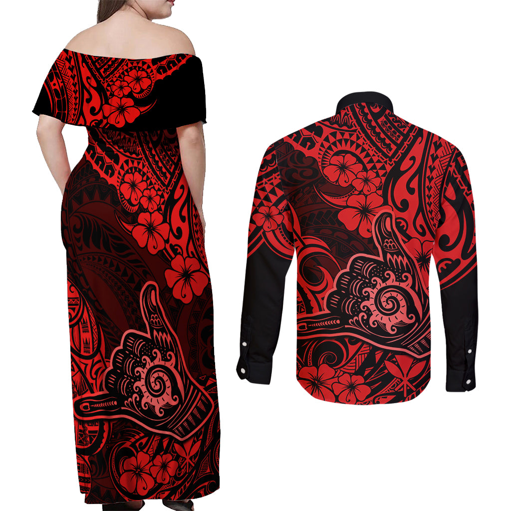 Hawaii Shaka Sign Couples Matching Off Shoulder Maxi Dress and Long Sleeve Button Shirts Polynesian Pattern Red Version LT01 - Polynesian Pride