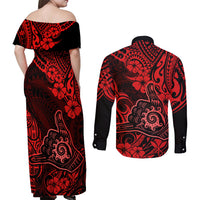 Hawaii Shaka Sign Couples Matching Off Shoulder Maxi Dress and Long Sleeve Button Shirts Polynesian Pattern Red Version LT01 - Polynesian Pride