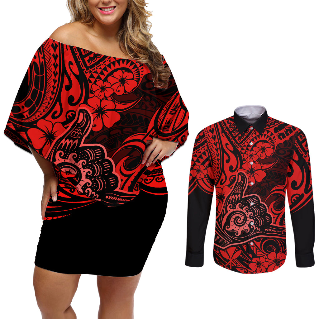 Hawaii Shaka Sign Couples Matching Off Shoulder Short Dress and Long Sleeve Button Shirts Polynesian Pattern Red Version LT01 Red - Polynesian Pride