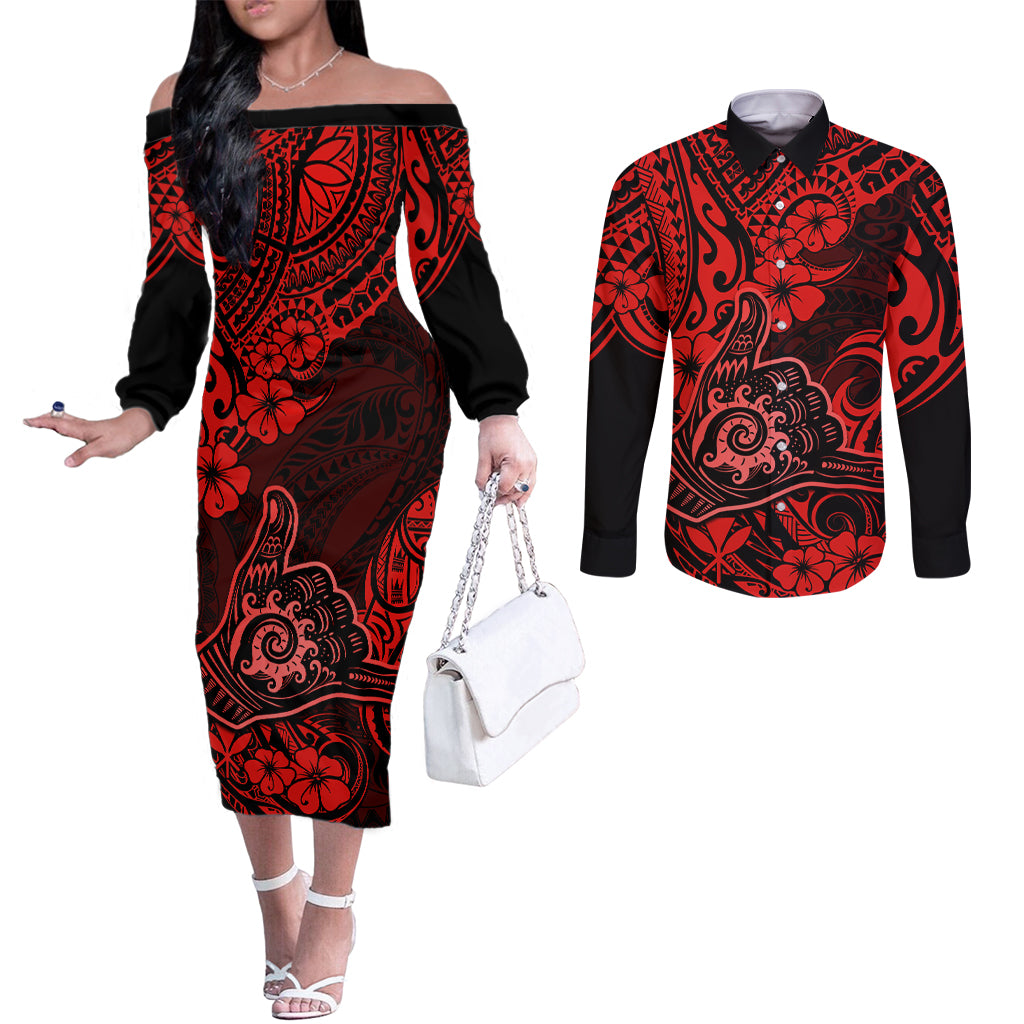 Hawaii Shaka Sign Couples Matching Off The Shoulder Long Sleeve Dress and Long Sleeve Button Shirts Polynesian Pattern Red Version LT01 Red - Polynesian Pride