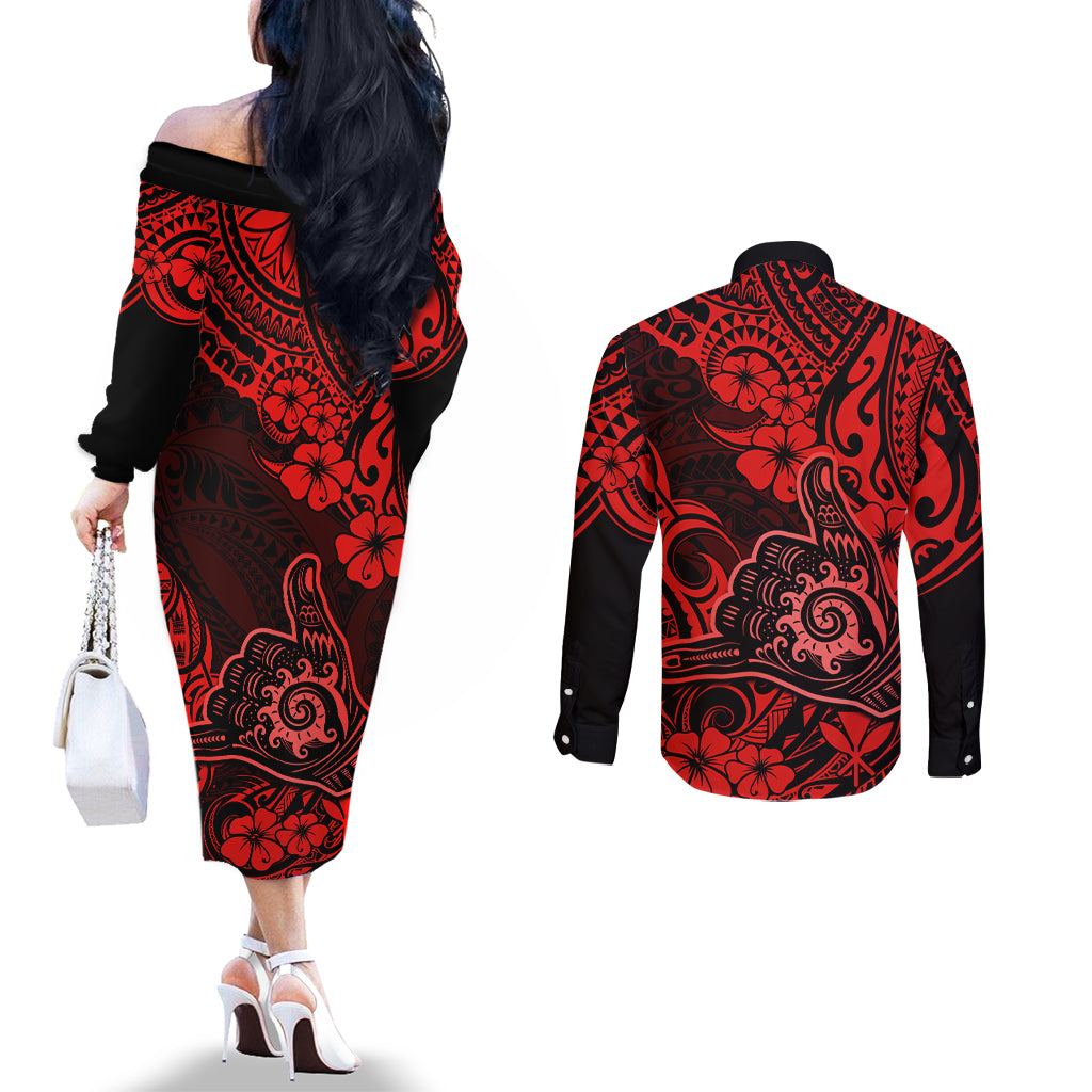 Hawaii Shaka Sign Couples Matching Off The Shoulder Long Sleeve Dress and Long Sleeve Button Shirts Polynesian Pattern Red Version LT01 - Polynesian Pride