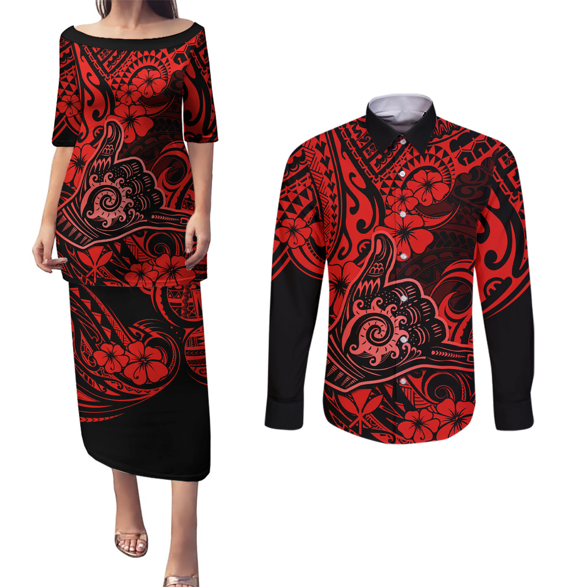 Hawaii Shaka Sign Couples Matching Puletasi Dress and Long Sleeve Button Shirts Polynesian Pattern Red Version LT01 Red - Polynesian Pride