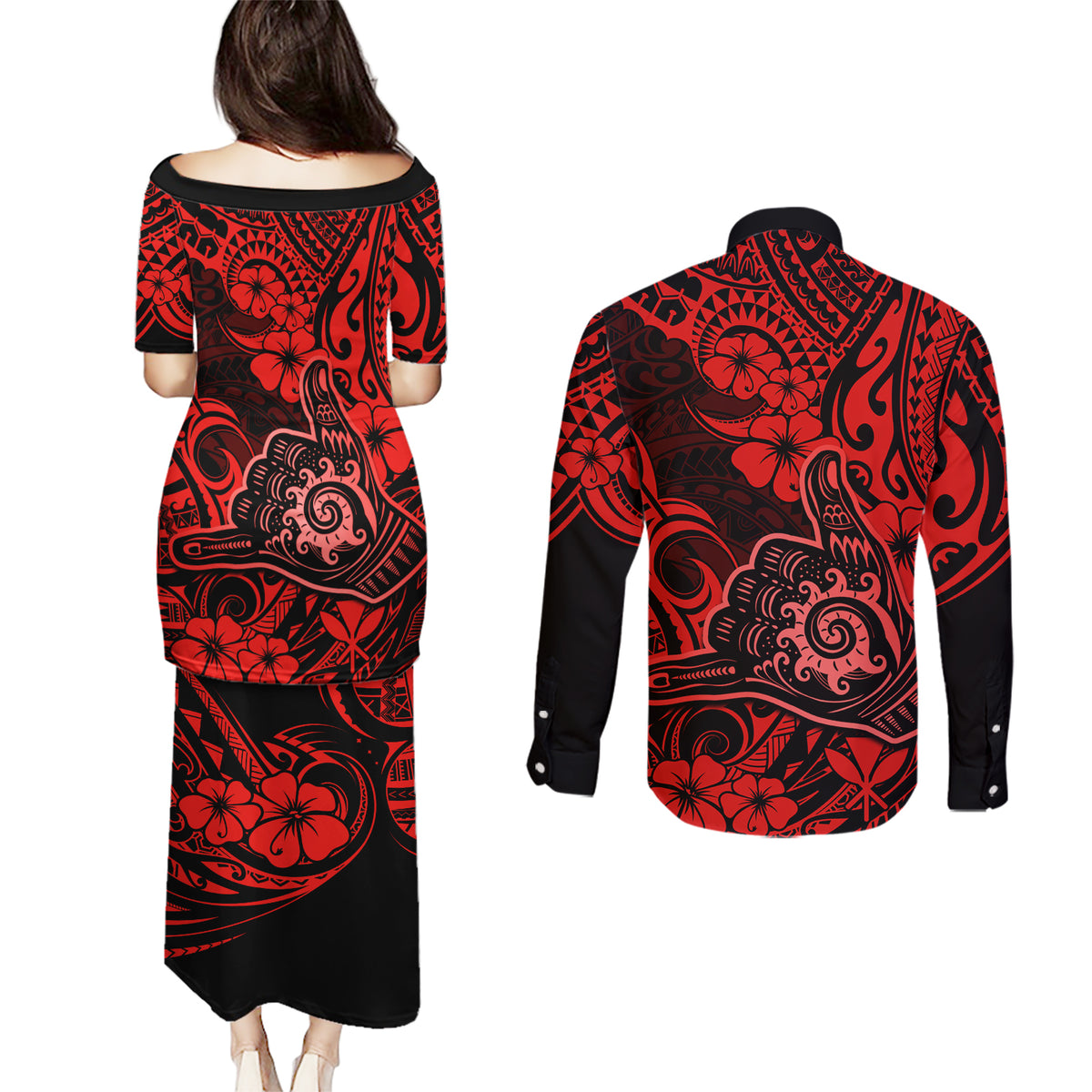 Hawaii Shaka Sign Couples Matching Puletasi Dress and Long Sleeve Button Shirts Polynesian Pattern Red Version LT01 - Polynesian Pride