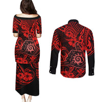 Hawaii Shaka Sign Couples Matching Puletasi Dress and Long Sleeve Button Shirts Polynesian Pattern Red Version LT01 - Polynesian Pride