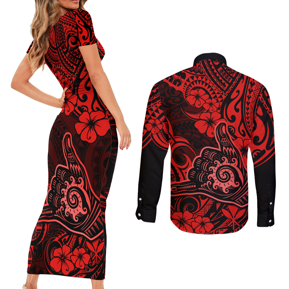 Hawaii Shaka Sign Couples Matching Short Sleeve Bodycon Dress and Long Sleeve Button Shirts Polynesian Pattern Red Version LT01 - Polynesian Pride