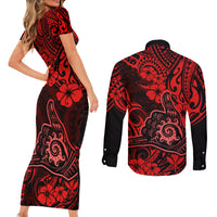 Hawaii Shaka Sign Couples Matching Short Sleeve Bodycon Dress and Long Sleeve Button Shirts Polynesian Pattern Red Version LT01 - Polynesian Pride