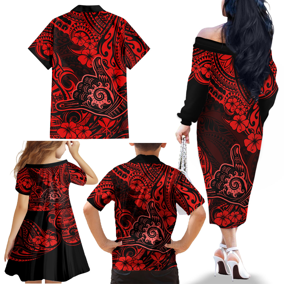 Hawaii Shaka Sign Family Matching Off Shoulder Long Sleeve Dress and Hawaiian Shirt Polynesian Pattern Red Version LT01 - Polynesian Pride