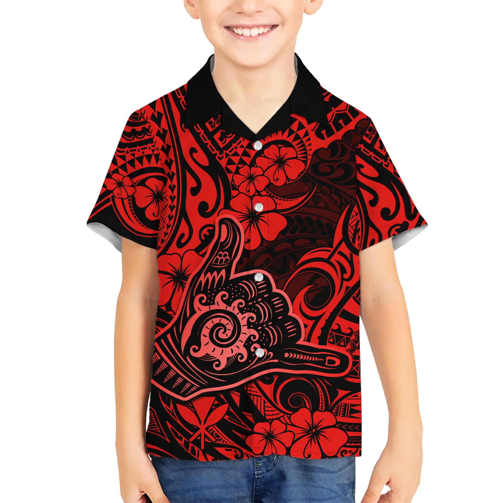 Hawaii Shaka Sign Kid Hawaiian Shirt Polynesian Pattern Red Version LT01 Kid Red - Polynesian Pride