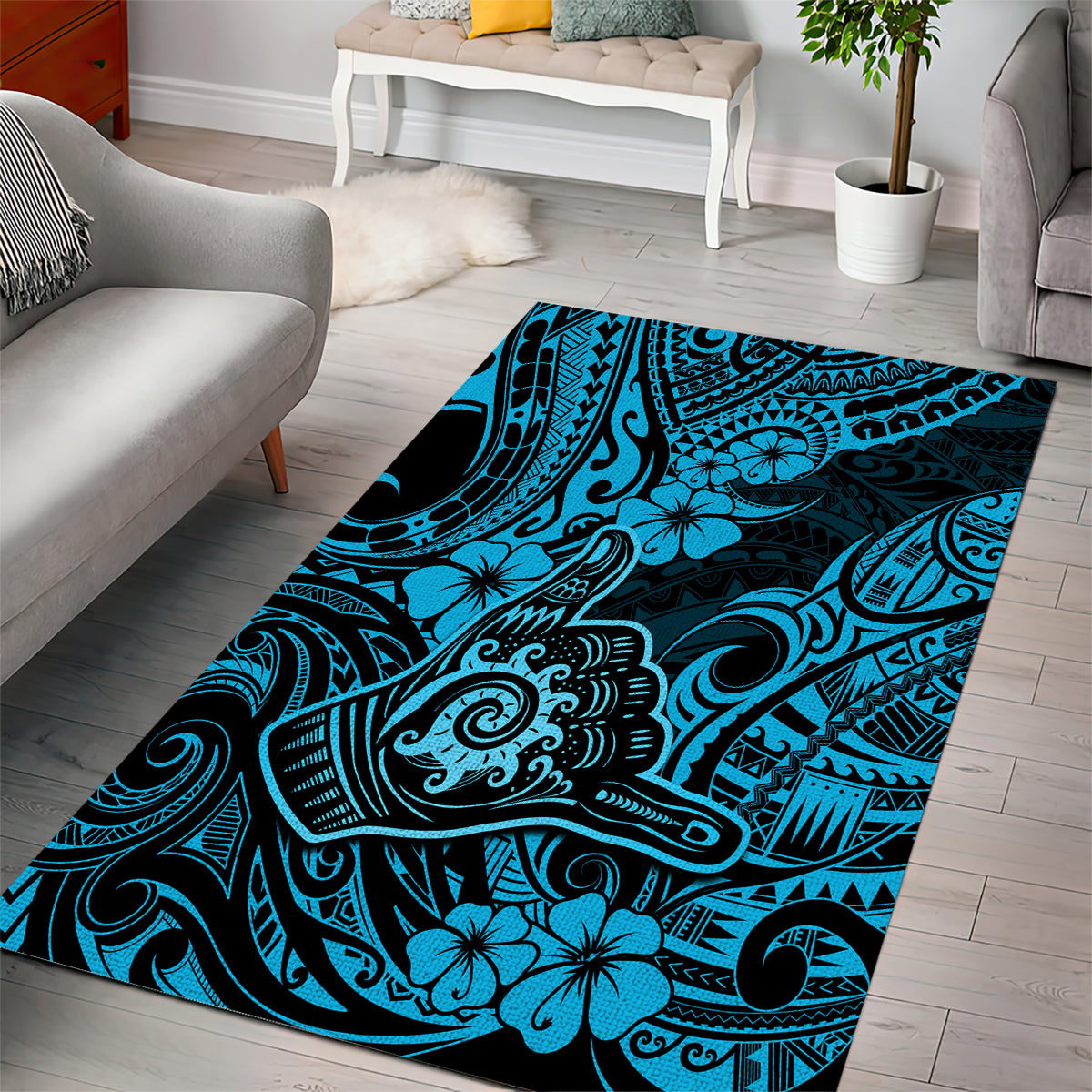 Hawaii Shaka Sign Area Rug Polynesian Pattern Sky Blue Version LT01 - Polynesian Pride