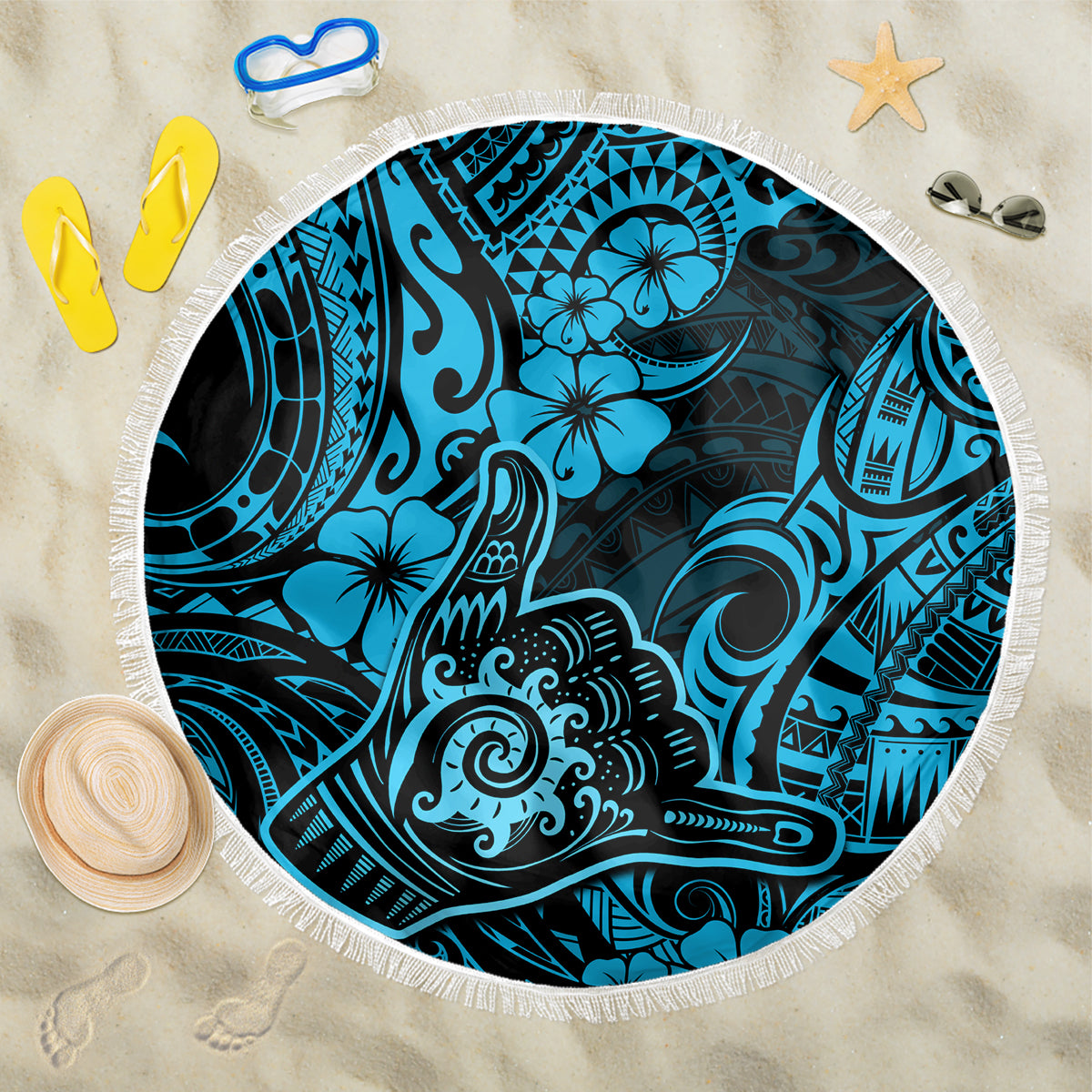 Hawaii Shaka Sign Beach Blanket Polynesian Pattern Sky Blue Version LT01 One Size 150cm Blue - Wonder Print Shop