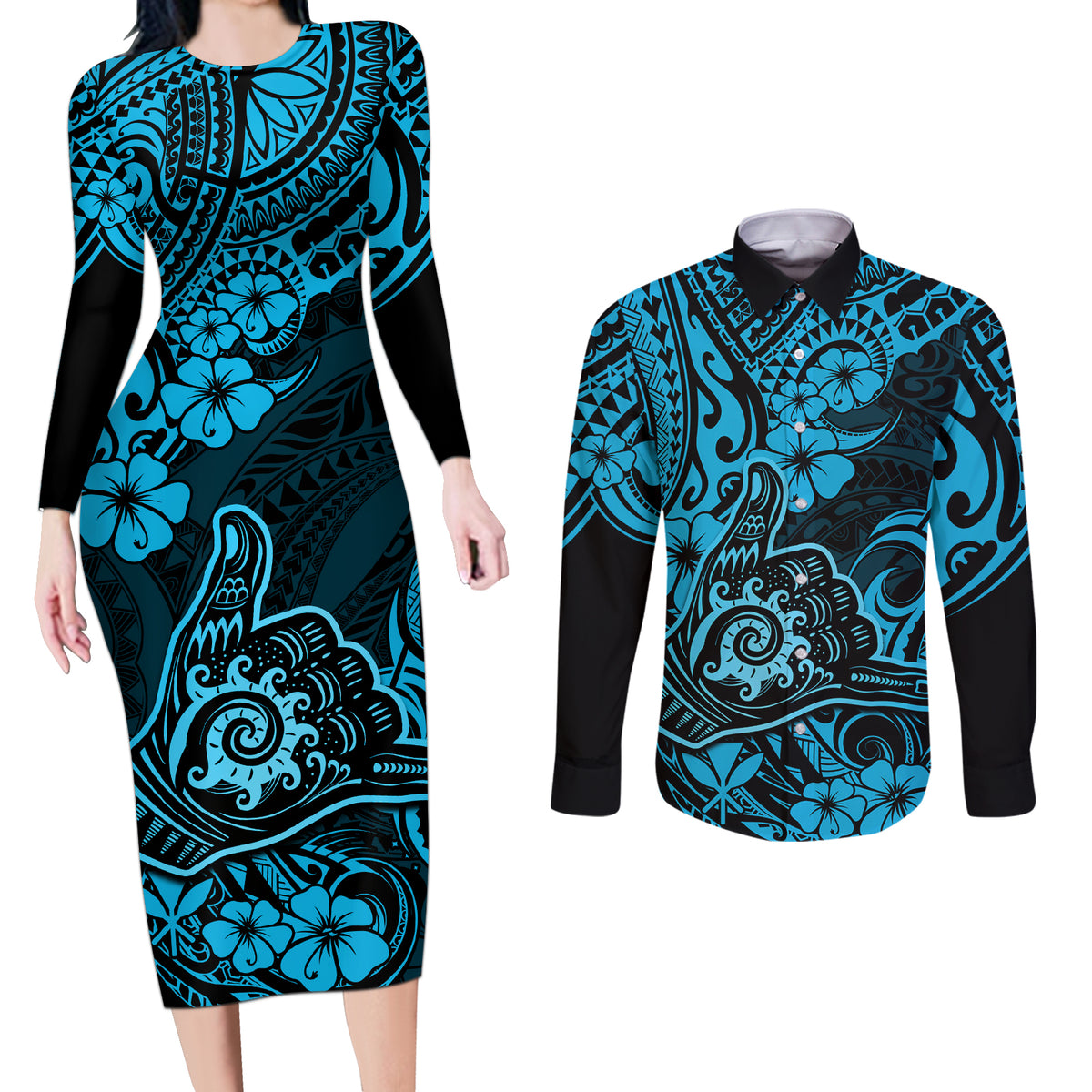 Hawaii Shaka Sign Couples Matching Long Sleeve Bodycon Dress and Long Sleeve Button Shirts Polynesian Pattern Sky Blue Version LT01 Blue - Polynesian Pride