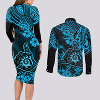 Hawaii Shaka Sign Couples Matching Long Sleeve Bodycon Dress and Long Sleeve Button Shirts Polynesian Pattern Sky Blue Version LT01 - Polynesian Pride