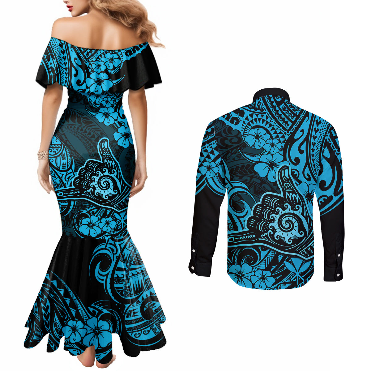 Hawaii Shaka Sign Couples Matching Mermaid Dress and Long Sleeve Button Shirts Polynesian Pattern Sky Blue Version LT01 - Polynesian Pride