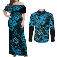 Hawaii Shaka Sign Couples Matching Off Shoulder Maxi Dress and Long Sleeve Button Shirts Polynesian Pattern Sky Blue Version LT01 Blue - Polynesian Pride