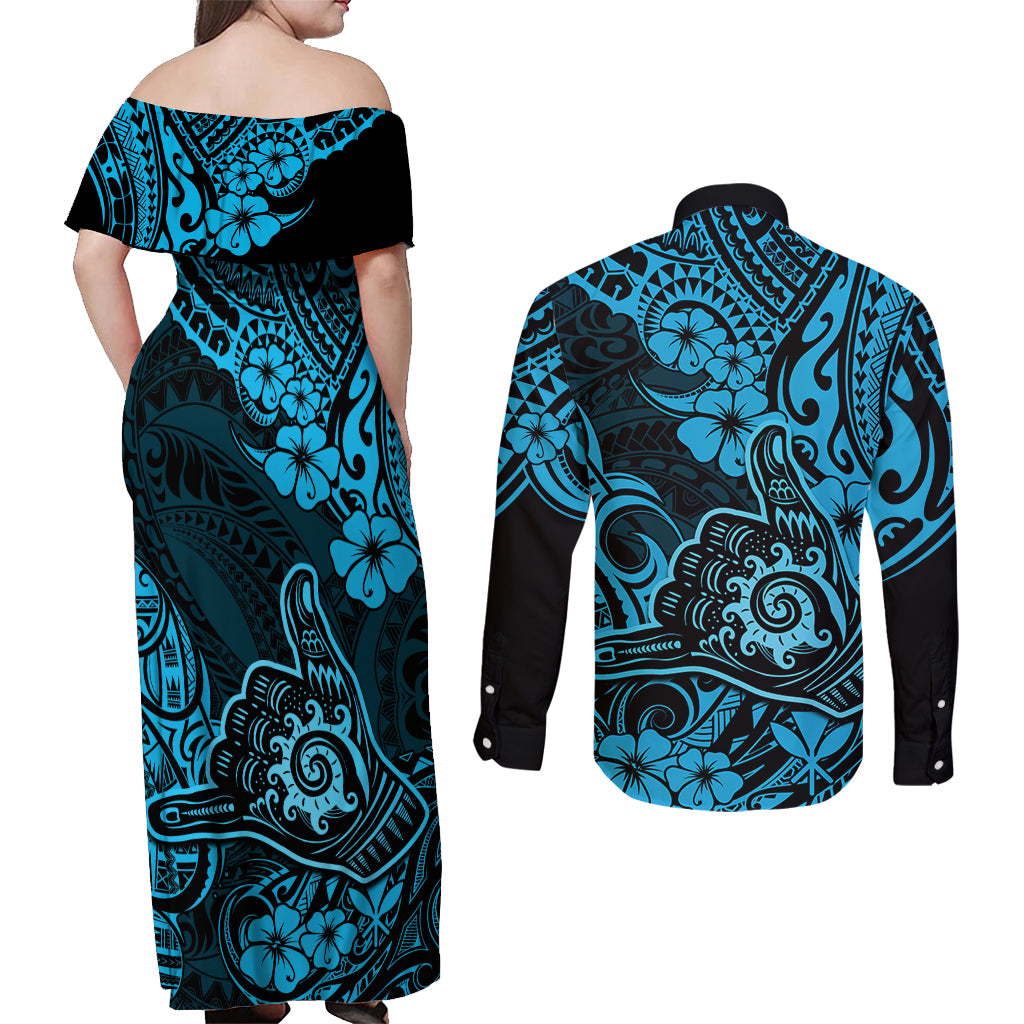 Hawaii Shaka Sign Couples Matching Off Shoulder Maxi Dress and Long Sleeve Button Shirts Polynesian Pattern Sky Blue Version LT01 - Polynesian Pride