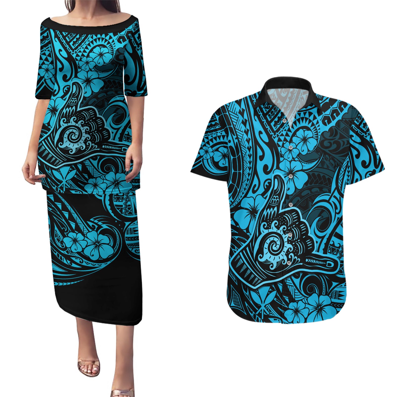 Hawaii Shaka Sign Couples Matching Puletasi Dress and Hawaiian Shirt Polynesian Pattern Sky Blue Version LT01 Blue - Polynesian Pride