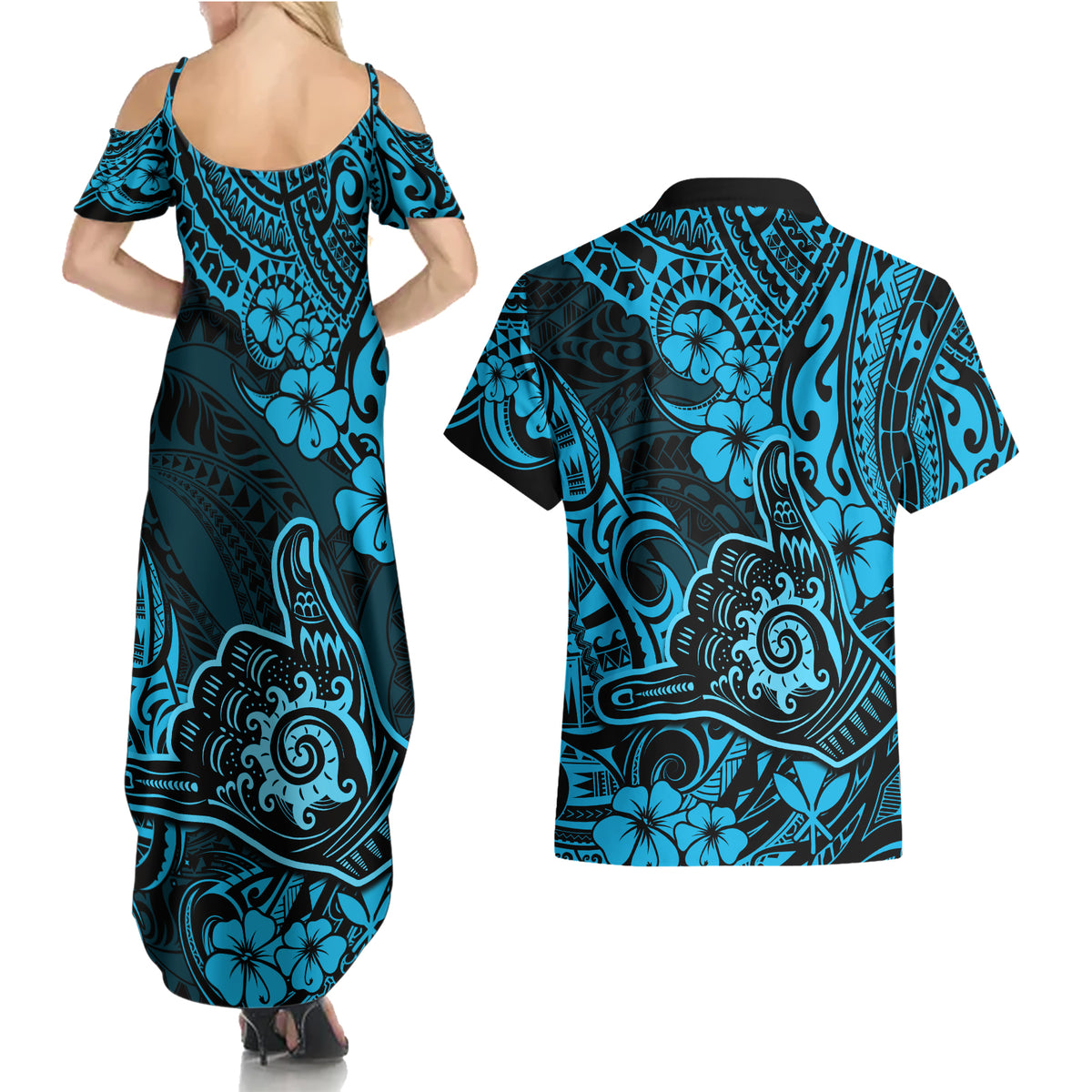 Hawaii Shaka Sign Couples Matching Summer Maxi Dress and Hawaiian Shirt Polynesian Pattern Sky Blue Version LT01 - Polynesian Pride