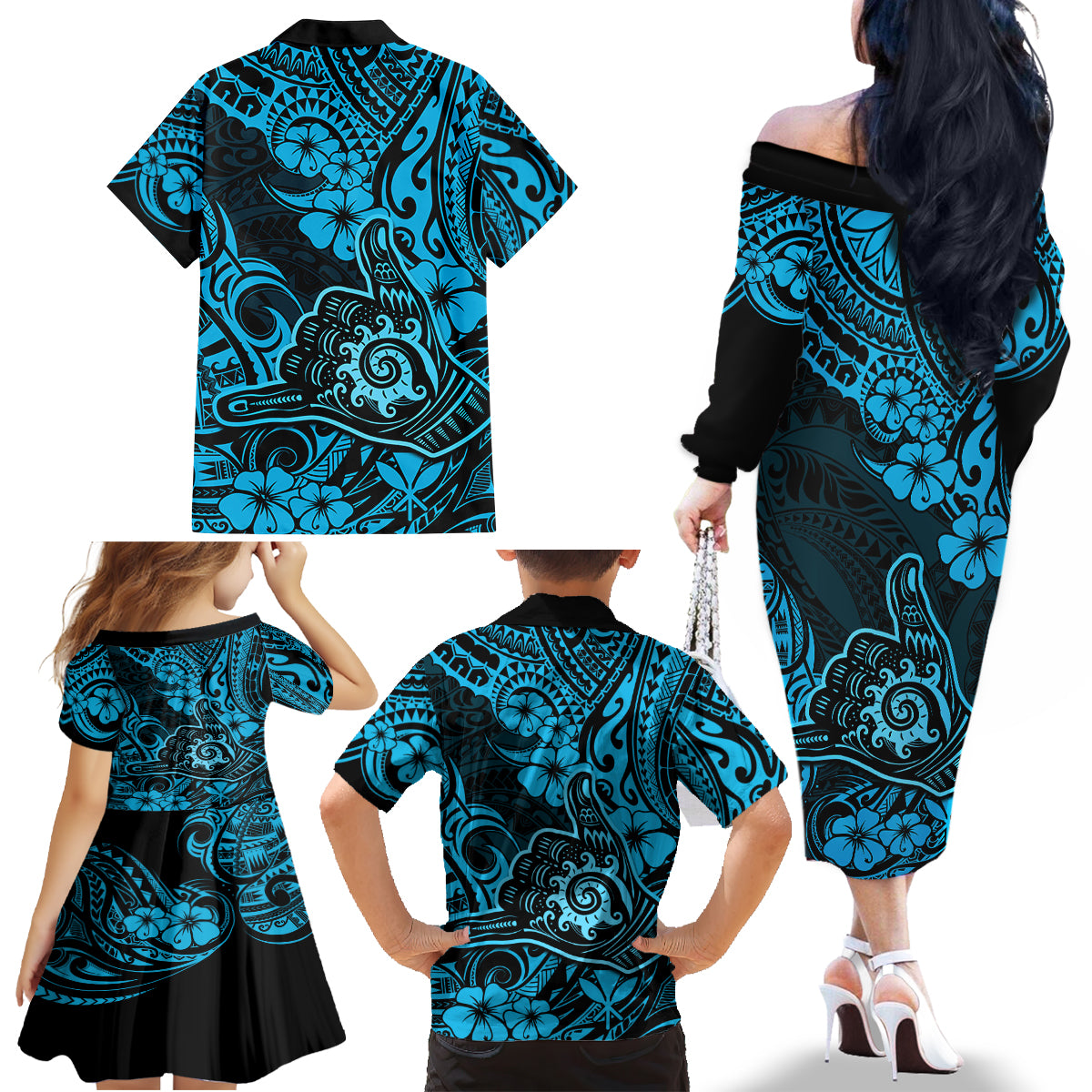 Hawaii Shaka Sign Family Matching Off Shoulder Long Sleeve Dress and Hawaiian Shirt Polynesian Pattern Sky Blue Version LT01 - Polynesian Pride