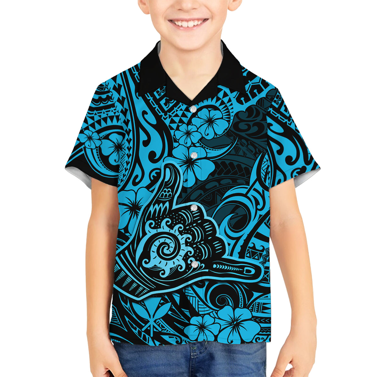 Hawaii Shaka Sign Family Matching Off Shoulder Long Sleeve Dress and Hawaiian Shirt Polynesian Pattern Sky Blue Version LT01 Son's Shirt Blue - Polynesian Pride